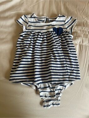 First Impressions - Navy & White Striped Baby Dress Onesie with Heart Accent